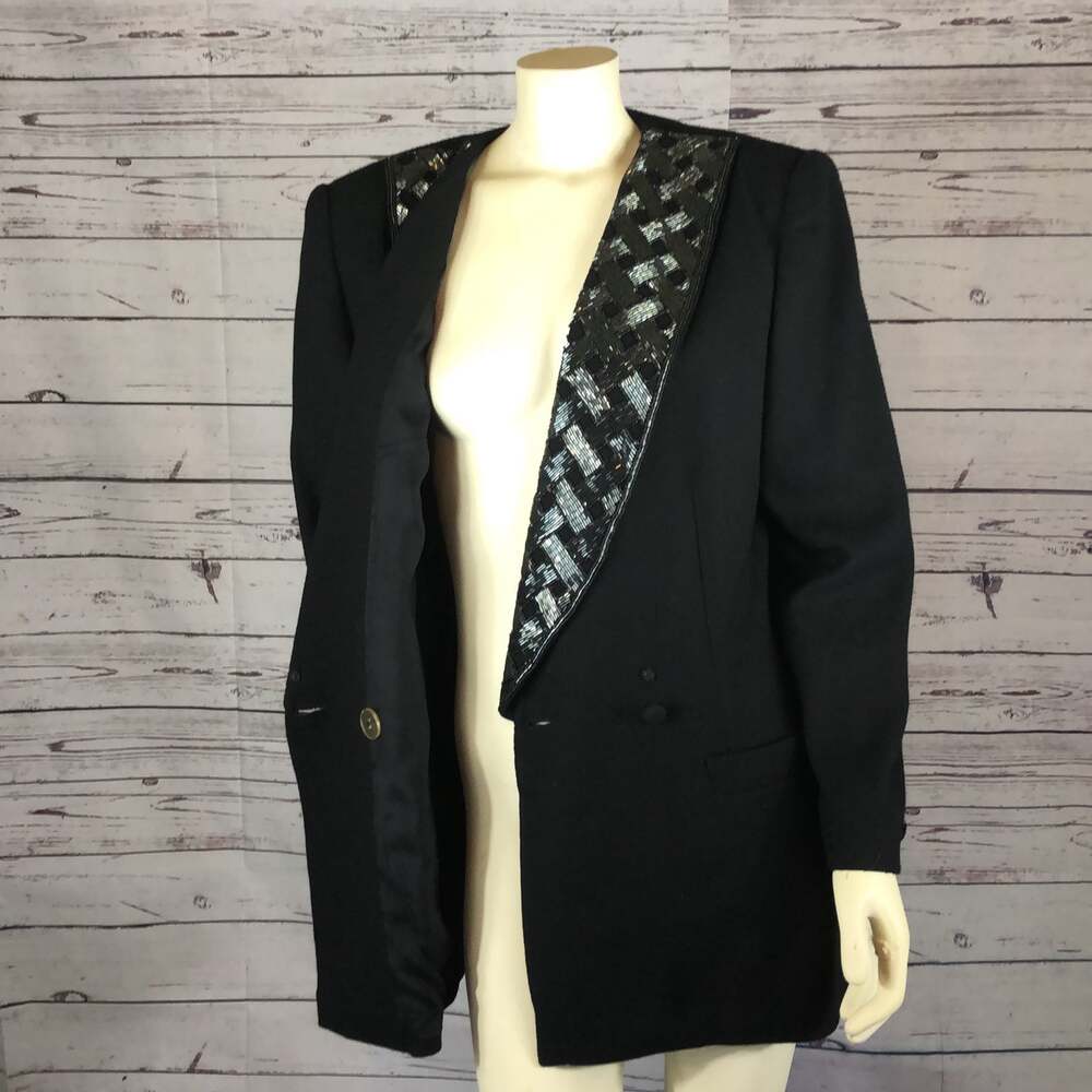 1980s–90s Vintage John Meyer of Norwich Black Beaded Shawl Collar Blazer large - Picture 8 of 13